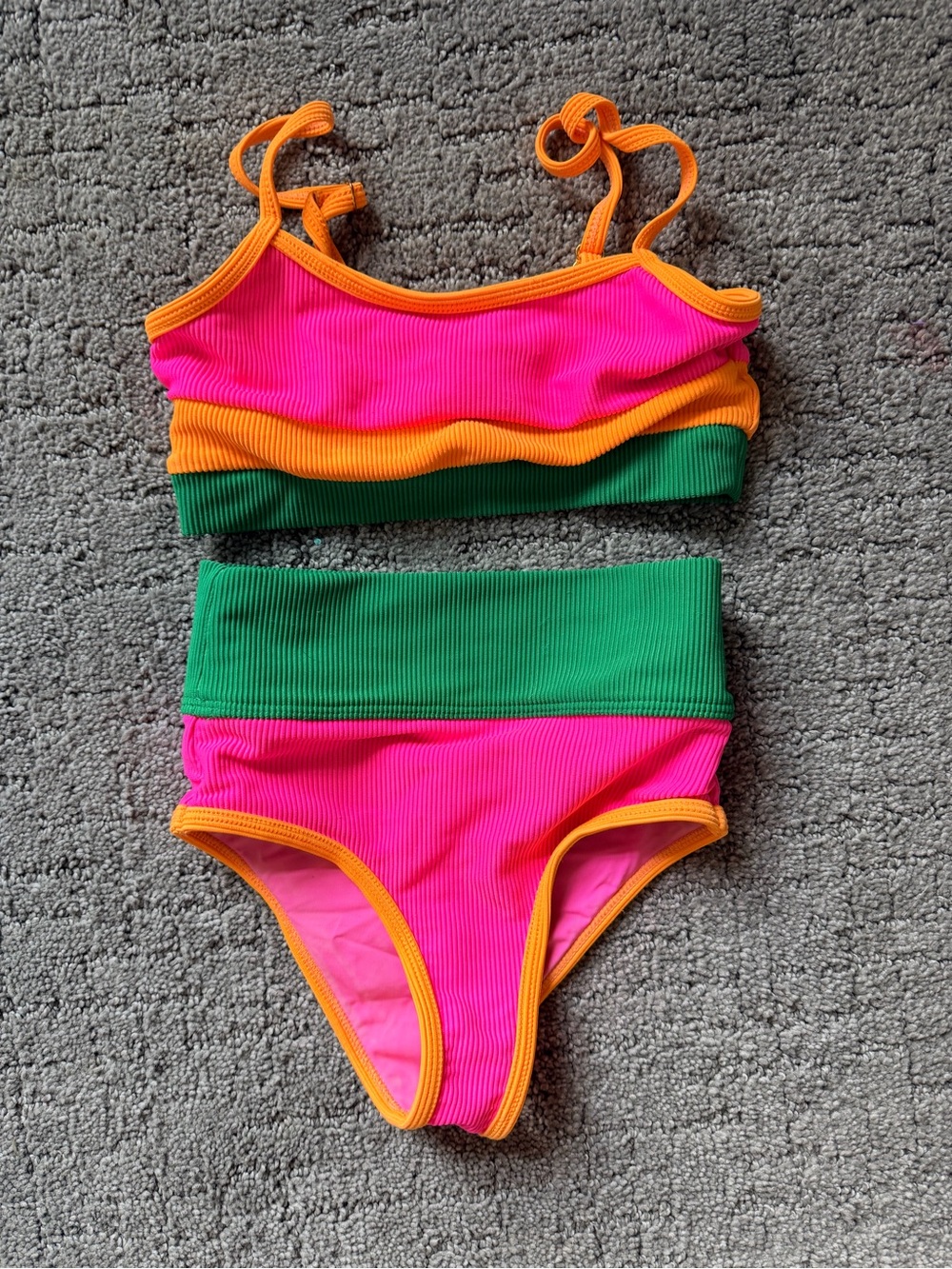 Beach Riot Pink, Green & Orange Colorblock Ribbed High-Waist Bikini